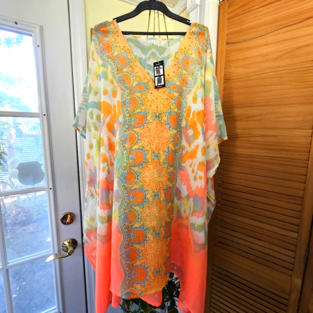 BIJOUX TERNER Embellished Orange, Cream & Green Patterned Kaftan Coverup One Siz